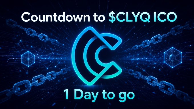 Digital graphic with the text 'Countdown to $CLYQ ICO' and '1 Day to go' centered around a cyan 'C' logo, surrounded by chains on a blue network background.
