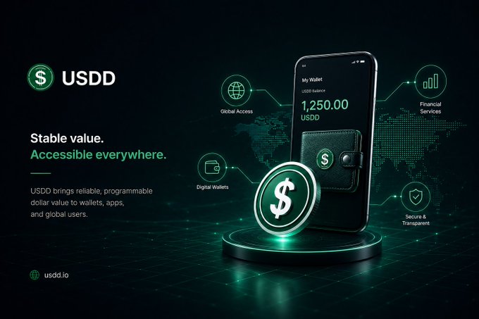 A promotional graphic for USDD stablecoin showing '1,250.00 USDD' in a digital wallet on a smartphone, with the tagline 'Stable value. Accessible everywhere.' and features like Global Access, Digital Wallets, and Secure & Transparent.