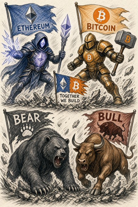 An illustration depicting cryptocurrency mascots as knights (Ethereum holding a flag and Bitcoin with a hammer) above a 'Bear' and 'Bull' under a 'Together We Build' banner.