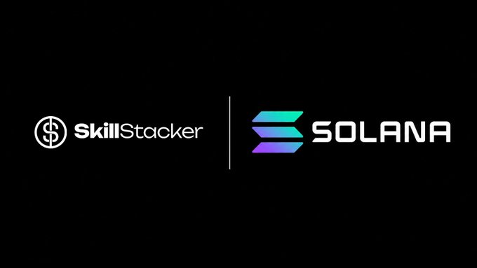 A black banner displays the Skill Stacker logo alongside the Solana logo with its gradient purple-to-green symbol.