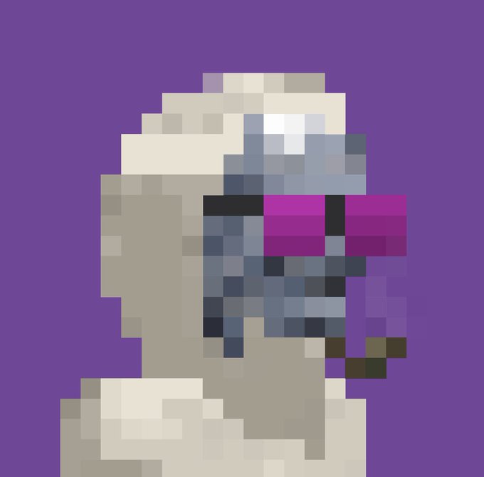 A pixel art rendering of a hooded figure with a shadowed, obscured face set against a solid purple background, appearing to hold an object near their face.