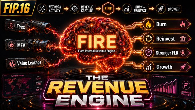 The image features a poster for "FIP16" that promotes the FIRE revenue engine, which is an innovative approach to value capture within the cryptocurrency space. The poster displays a brain-shaped icon with flames radiating from its center, symbolizing the energy and innovation associated with the FIRE revenue engine. The poster also includes various icons representing different aspects of the revenue engine, such as "FIP16" in the top left corner, "Fire" at the center, and "The value is finally being routed back into the protocol Watch: youtu.be/Ilrns0fCYa0". This visual representation highlights the unique features and benefits of the FIRE revenue engine, making it an appealing concept for cryptocurrency enthusiasts and investors alike.