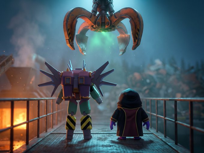 A scene depicting a purple and green Gundam-style robot and a small robed figure with a hood standing on a walkway, facing a large mechanical claw emitting green light in a destroyed industrial setting.