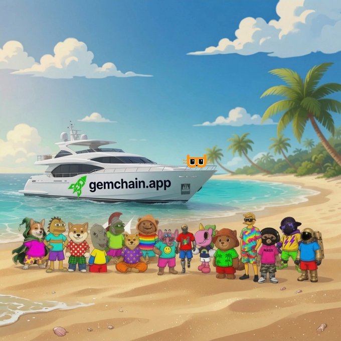 A cartoon illustration of a group of NFT characters standing on a tropical beach in front of a yacht labeled 'gemchain.app' with a Gemini-style logo.