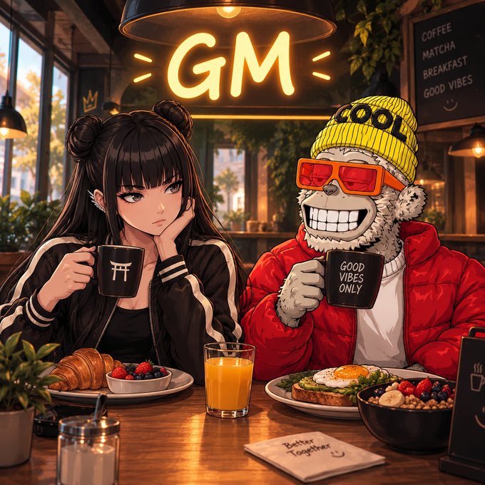An anime-style digital illustration of a girl with dark twin buns and a grey bear character wearing sunglasses and a yellow beanie having breakfast in a cafe, with a "GM" neon sign and a "GOOD VIBES ONLY" mug.