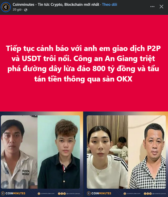 The image is a Coinminutes Facebook post warning about a P2P and USDT scam, featuring four mugshot photos of suspects and headlines stating that An Giang police dismantled an 800 billion VND fraud and money laundering ring operating through the OKX exchange.