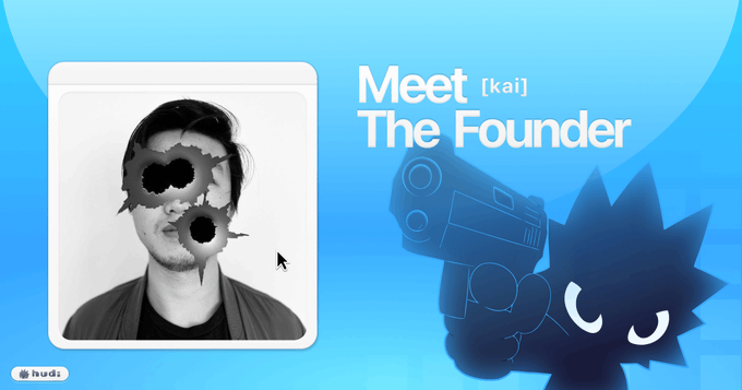 A webpage banner reading "Meet [kai] The Founder" featuring a stylized black-and-white portrait of a man with spiky hair and a blue cartoon character.