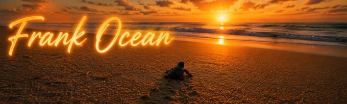 The image features a baby sea turtle making its way across the sandy beach toward the ocean at sunset, with the glowing neon text "Frank Ocean" overlaid on the left side — perfectly matching the viral TikTok meme where fans humorously named the lone turtle after the famous singer, with the $FRANK token piggybacking on the trend.
