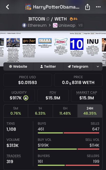 A DexScreener page showing the Bitcoin/WETH pair #4 on Ethereum Uniswap V3 displays a token named "HarryPotterObama..." with a price of $0.01593, market cap of $15.9M, and a 24H gain of 48.35%. The post references "VIX" as a memecoin up 50% on the day, seemingly tying the bearish sentiment to the token shown, which displays significant recent volatility including a 48.35% 24-hour gain and notable price swings over shorter timeframes (0.76% 5M, 6.33% 1H, 11.48% 6H).