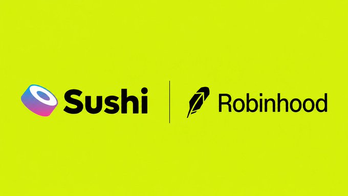 A logo graphic showing the Sushi and Robinhood logos side by side on a bright yellow-green background.
