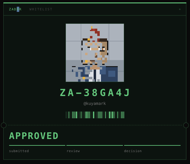 A 'ZADOR WHITELIST' approved entry showing pixel art ID 'ZA-38GA4J' by '@kuyamark', with a progress bar indicating completion of the submit, review, and decision stages.