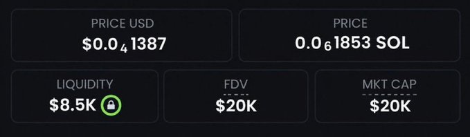 A memecoin trading dashboard shows a token priced at $0.04138 USD (0.061853 SOL) with only $8.5K in liquidity and a $20K market cap/FDV, visually confirming the poster's claim of an early-stage micro-cap gem under $20K market capitalization. The low liquidity and fully diluted valuation matching the market cap suggest minimal token dilution, reinforcing the "100x potential" narrative.