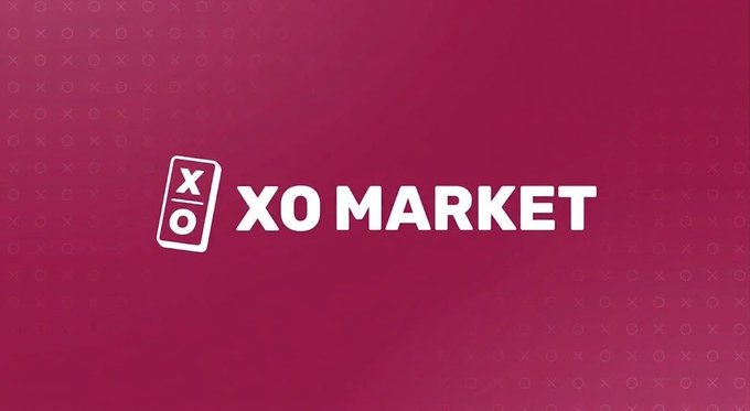 A logo for 'XO MARKET' displayed in white text on a magenta background patterned with small X and O symbols, featuring a card-like icon with X and O symbols.