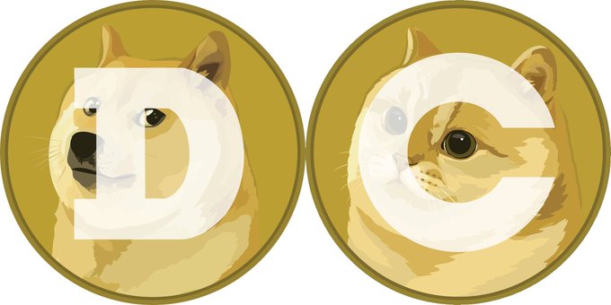 Two circular gold-toned Dogecoin (DOGE) logos feature the Shiba Inu dog's face overlaid with the letters "D" and "C," spelling out "DC" as a symbol representing Dogecoin (DOGE) cryptocurrency. The imagery aligns with the post's message asserting that DOGE is the "only TRUE $CATE" (likely referring to CAT-themed meme coins), using the original Doge mascot to argue for its authenticity in the meme coin space.