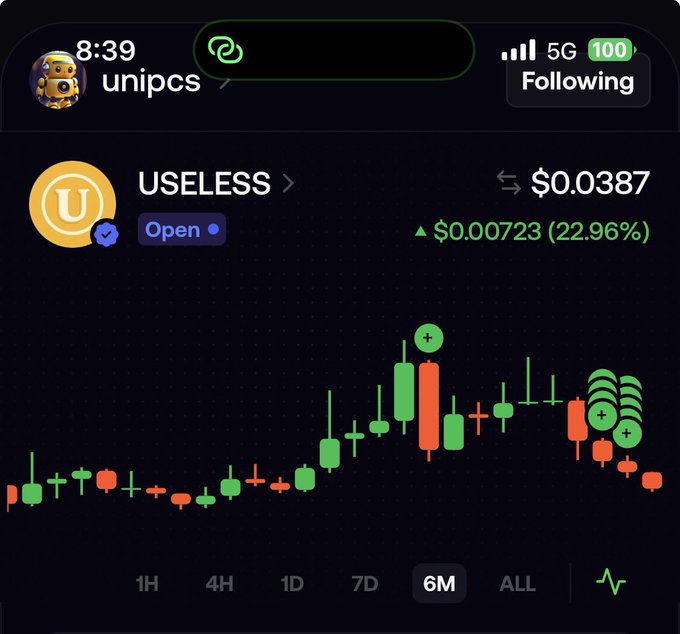 A Robinhood user is showing their $USELESS coin position at a current price of $0.0387, up 22.96% with a gain of $0.00723, viewing the 6-month candlestick chart—aligning with their post about dollar-cost averaging into the token.
