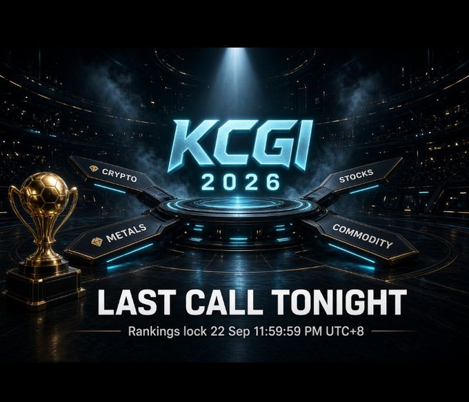 The image is a promotional graphic for KCGI 2026 featuring a glowing "KCGI 2026" logo centered on a futuristic arena stage, with surrounding category panels labeled "CRYPTO," "STOCKS," "METALS," and "COMMODITY," alongside a gold trophy. Bold text reads "LAST CALL TONIGHT" with the deadline "Rankings lock 22 Sep 11:59:59 PM UTC+8," visually reinforcing the post's urgent final reminder for the trading competition before rankings freeze.