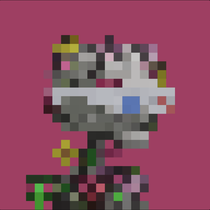 A pixelated, low-resolution image showing a figure with a hat against a magenta background.