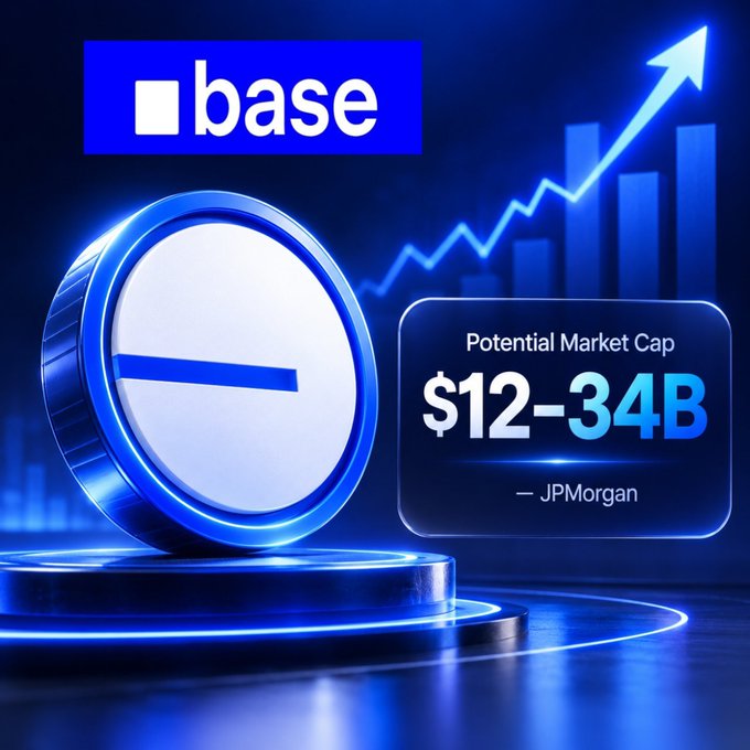 A graphic shows the 'base' logo and symbol on a podium with a rising chart and text indicating a 'Potential Market Cap $12-34B' from JPMorgan.