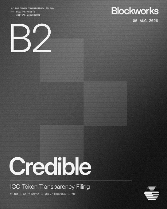 The image shows a Blockworks B2 filing document dated 05 AUG 2026 for "Credible," labeled as an "ICO Token Transparency Filing" for Digital Assets/Initial Disclosure, visually representing Credible's commitment to transparency by showcasing their official Blockworks disclosure for the $CRED token.