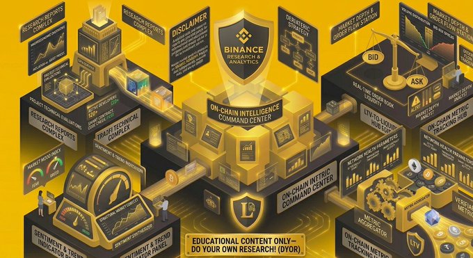 An isometric digital illustration of a Binance Research & Analytics command center featuring various on-chain intelligence dashboards, research reports, and market metrics on a yellow background, with a disclaimer noting educational content only.