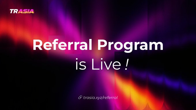 The image is a promotional banner for TRASIA's referral program, featuring bold text reading "Referral Program is Live !" with the link "trasia.xyz/referral" displayed against a vibrant pink, purple, and orange gradient background.

This banner directly supports the post's recommendation to try TRASIA as a low-barrier entry point, highlighting an incentive (the referral program) that makes the platform even more accessible to traders transitioning from CEXs to on-chain perps.