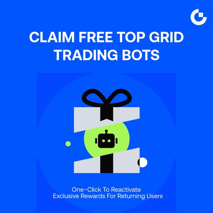 A promotional graphic with a blue background features bold white text reading "CLAIM FREE TOP GRID TRADING BOTS" above an illustration of a gift box with a black ribbon, containing a green robot icon. Subtitle text reads "One-Click To Reactivate Exclusive Rewards For Returning Users," with a Gate.io logo in the top right corner, visually reinforcing the post's message about reactivating accounts to claim free AI trading bots and USDT rewards.