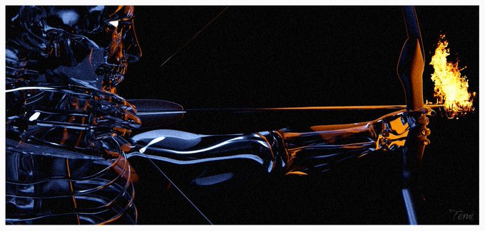 A dramatic digital illustration of a metallic, skeletal figure drawing back a flaming arrow on a bow against a dark background, signed 'TOM' in the corner.