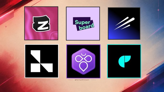 Grid of six app/logo icons including 'Super board' and various crypto-related emblems with the handle @FarhanOnChain displayed against a red and orange background.
