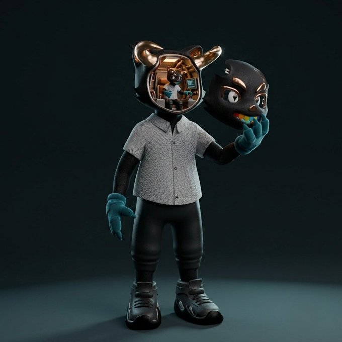 A 3D-rendered black and bronze anthropomorphic character with a hollow, robotic head stands holding a detached face mask, revealing a tiny pilot inside the helmet.