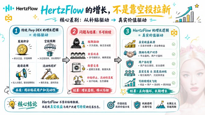 A Chinese-language infographic for 'HertzFlow' comparing traditional Perp DEX growth logic (subsidy-driven) versus HertzFlow's growth logic (real value-driven), highlighting differences in user acquisition and retention.