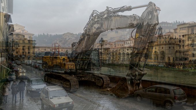 Surreal double-exposure photo blending a rainy Italian street scene with parked cars and pedestrians over a large yellow excavator and historic architecture.