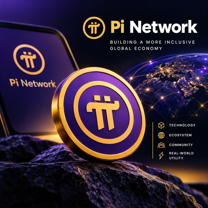 A promotional graphic for Pi Network featuring a large purple and gold Pi coin resting on rocks, with a smartphone displaying the logo in the distance and a glowing Earth globe, alongside the tagline 'BUILDING A MORE INCLUSIVE GLOBAL ECONOMY' and icons for Technology, Ecosystem, Community, and Real-World Utility.