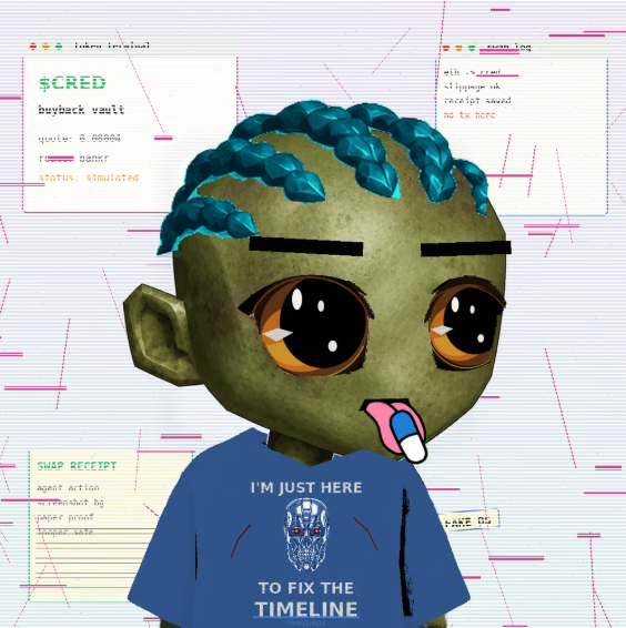 A cartoon-style NFT image of a character with teal braids and big eyes wearing a shirt that reads 'I'M JUST HERE TO FIX THE TIMELINE' with a cyborg graphic, set against a terminal interface displaying '$CRED buyback vault', 'quote: 0.66864', 'status: simulated', and a swap receipt.