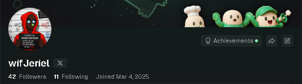 A social media profile for 'wifJeriel' showing 42 Followers, 11 Following, joined Mar 4, 2025, with an avatar of a red-hooded character and cooking-themed achievement badges.