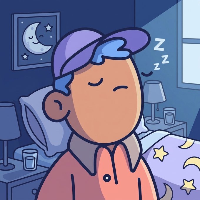 A cartoon illustration of a sleeping child wearing a purple cap and pink shirt, with 'Zzz' sleep symbols and a moon and star picture on the wall behind them.