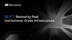 A dark promotional banner for 'Momento' reads 'DEXTF Backed by Real Institutional-Grade Infrastructure' against a backdrop of digital server imagery.