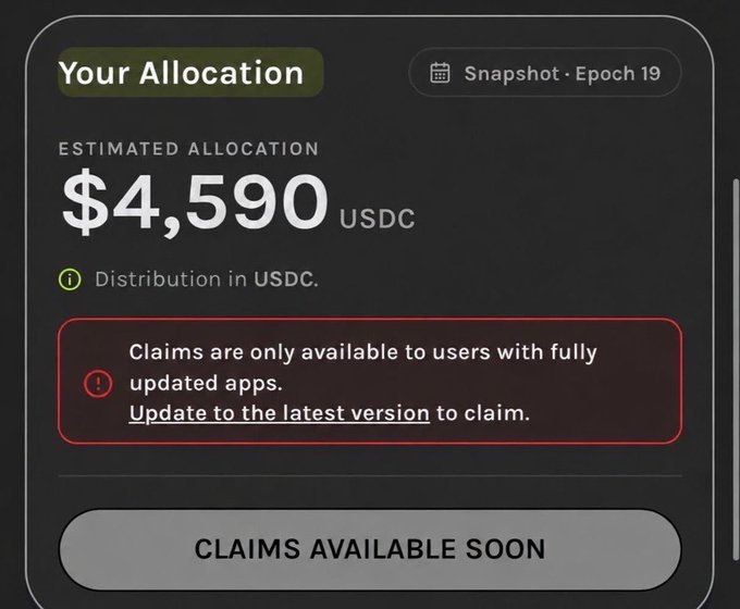 The image displays a wallet allocation screen showing an estimated $4,590 USDC reward from Snapshot · Epoch 19, with a notification that claims are only available on the updated app version, aligning with the post's mention of the $4,590 $GRASS airdrop achievement and pending claim.