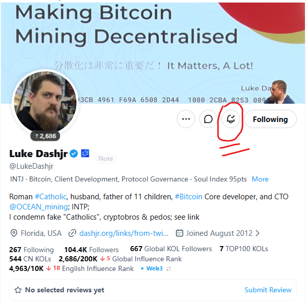 A Twitter profile page for Luke Dashjr (@LukeDashjr) highlighting his Bitcoin Core developer role and containing crypto-related criticisms, with annotations promoting 'Making Bitcoin Mining Decentralised'.