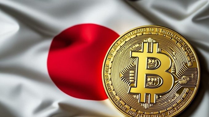 A golden Bitcoin ($BTC) coin rests atop a waving Japanese flag, symbolizing the cryptocurrency's surge as the yen weakens following BoJ Governor Ueda's dovish remarks on monetary policy.