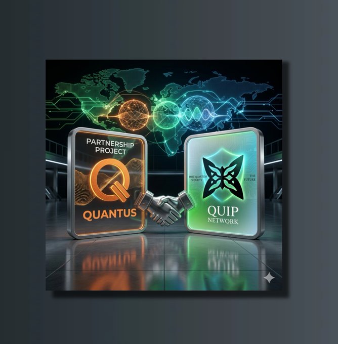 The image features two square signs with a logo for Quantus Network and Quip Network. The text on the signs reads "Quantus Network" and "Quip Network", indicating that they have joined forces for an event called QDay Summit happening in June, 2026. This partnership is likely aimed at promoting their respective projects or services to a wider audience during this summit.
