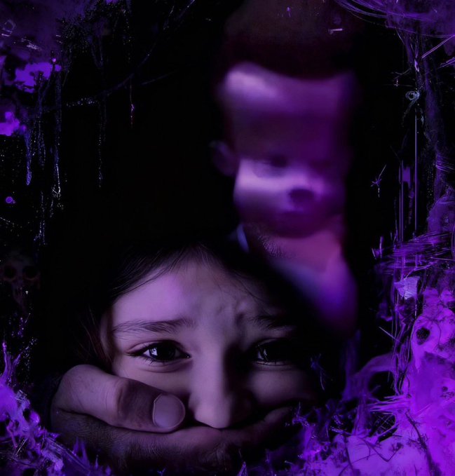 Dark, stylized artistic image of a young girl's face with a man's face looming behind her, with a hand over her mouth, set against a purple-toned background with skull imagery.