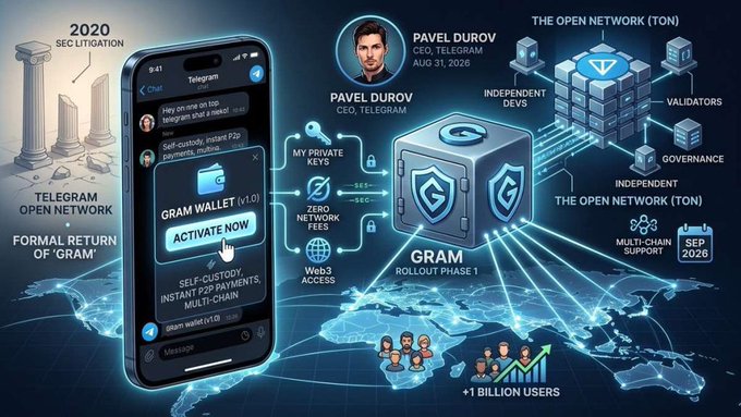 An infographic about Pavel Durov, Telegram, and the Open Network (TON), mentioning 'GRAM ROLLOUT PHASE 1' and '2020 SEC LITIGATION' alongside a Telegram chat interface.