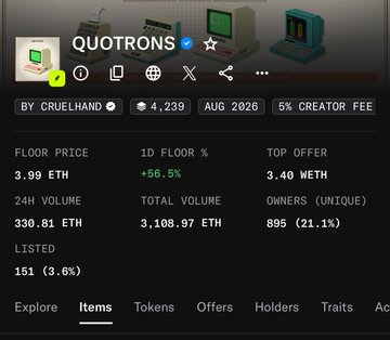 The image shows an OpenSea-style NFT collection page for "QUOTRONS" by CrudHand, displaying a floor price of 3.99 ETH, 24-hour volume of 330.81 ETH, and 151 items listed, though it doesn't directly depict the referenced Crypto Czar content.