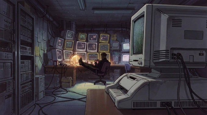 A digital illustration of a person relaxing with their feet up on a desk in a dark, retro-futuristic room filled with old computer monitors and a large CRT display.