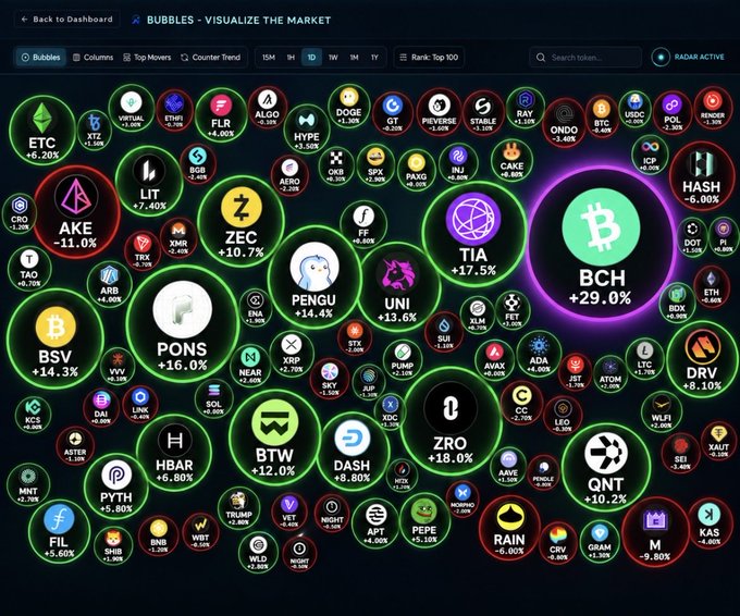 A bubble chart visualization titled 'BUBBLES - VISUALIZE THE MARKET' displaying various cryptocurrencies with tickers like BTC, BCH, PONS, and BSV, along with percentage changes.