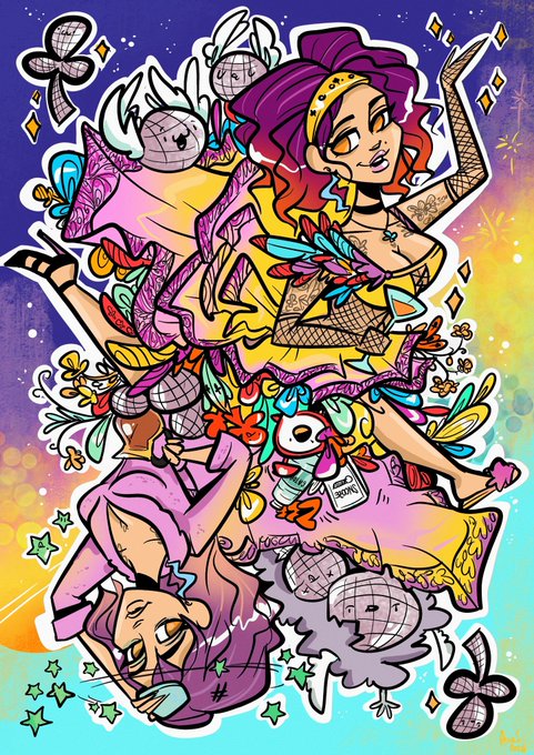 A vibrant, chaotic digital illustration featuring a stylized female character with purple hair and a yellow dress surrounded by butterflies, flowers, and disco balls.