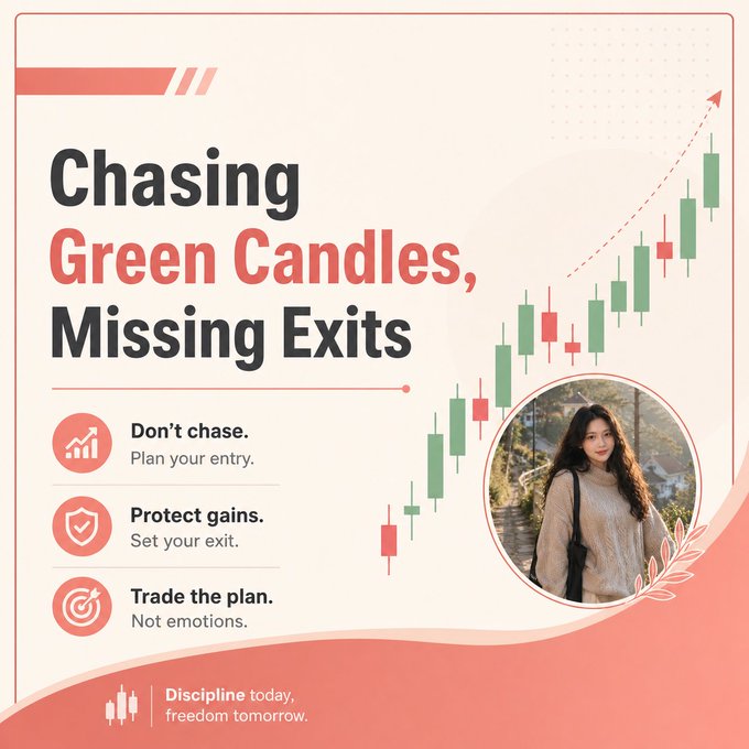 A trading-themed motivational graphic titled 'Chasing Green Candles, Missing Exits' with advice points: 'Don't chase. Plan your entry,' 'Protect gains. Set your exit,' and 'Trade the plan. Not emotions,' featuring a candlestick chart and a photo of a young woman.