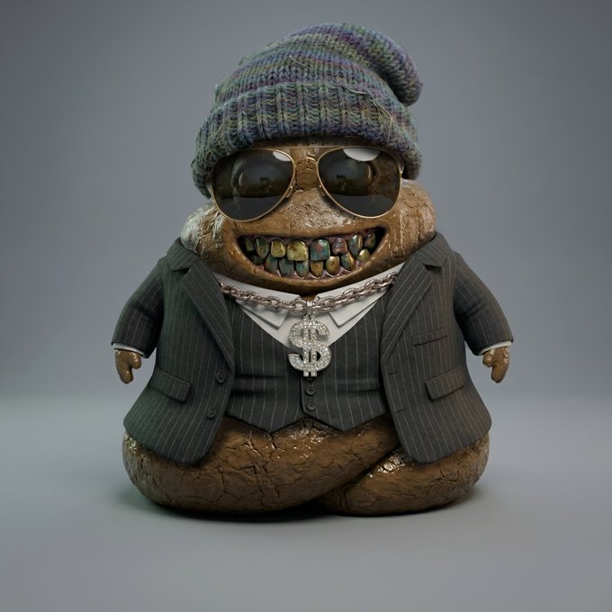 A 3D-rendered character of a poop emoji wearing a pinstripe suit, beanie, aviator sunglasses, and a dollar-sign chain necklace.