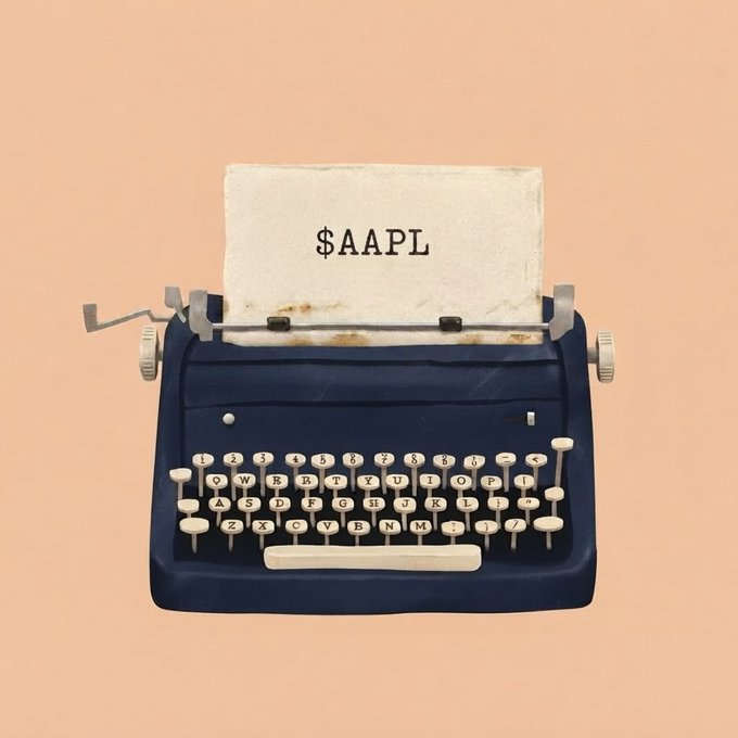 A vintage blue typewriter against a peach background displays the text '$AAPL' on its paper.
