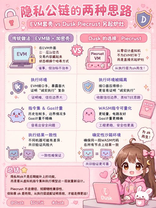 A pink-themed Chinese infographic comparing 'EVM套壳' (EVM shell) and 'Dusk Piecrust' as two approaches to privacy public chains, featuring cute mascot illustrations and a 'Dusk' logo.